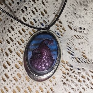 Resin Purple Peacock Cameo Silver Metal Frame On 16-18 Adjustable Cord Necklace